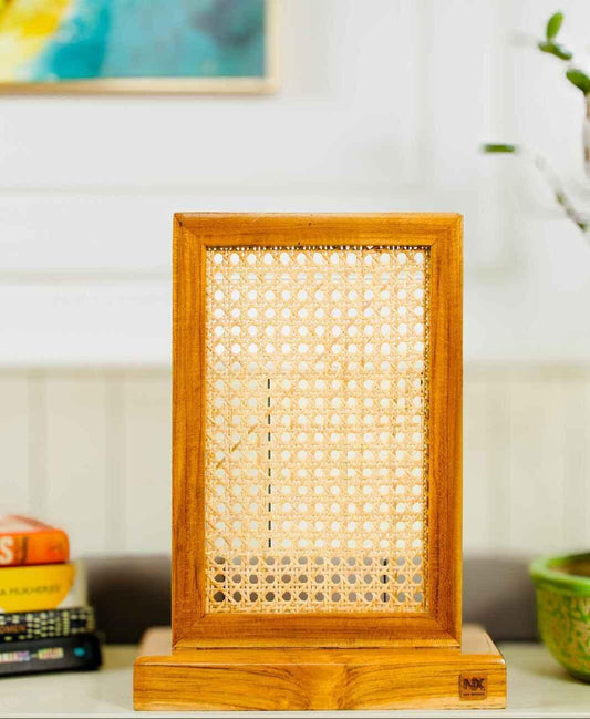 Teak Wood & Cane Table Lamp – Handcrafted Boho Table Light for Warm Ambient Interiors - NixWoods