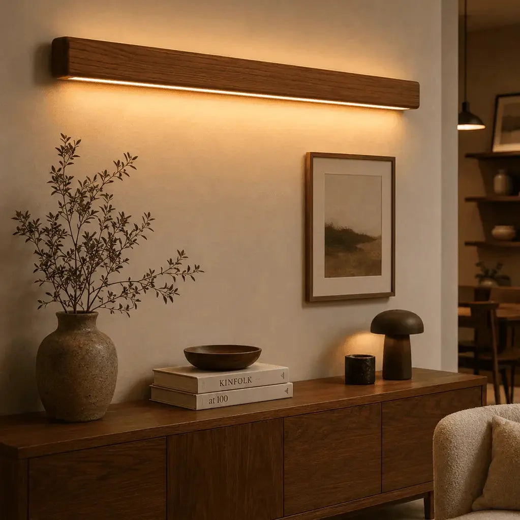 Linear wooden wall light design above a console table in an Indian living room