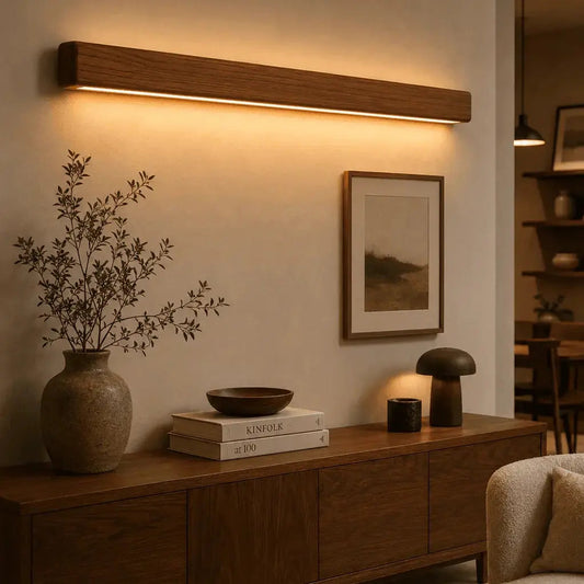 Linear wooden wall light design above a console table in an Indian living room