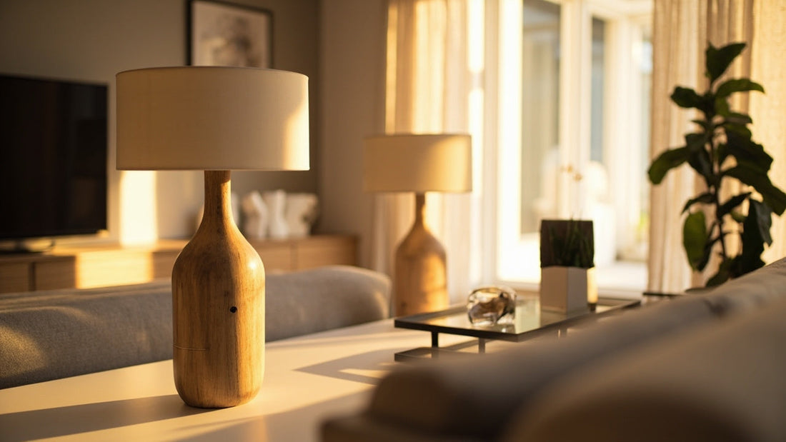 minimalist living room with wooden lamps and decor in soft natural sunlight