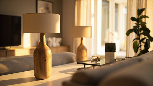 minimalist living room with wooden lamps and decor in soft natural sunlight