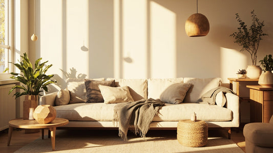 minimalist living room with wooden lamps and decor bathed in warm natural light
