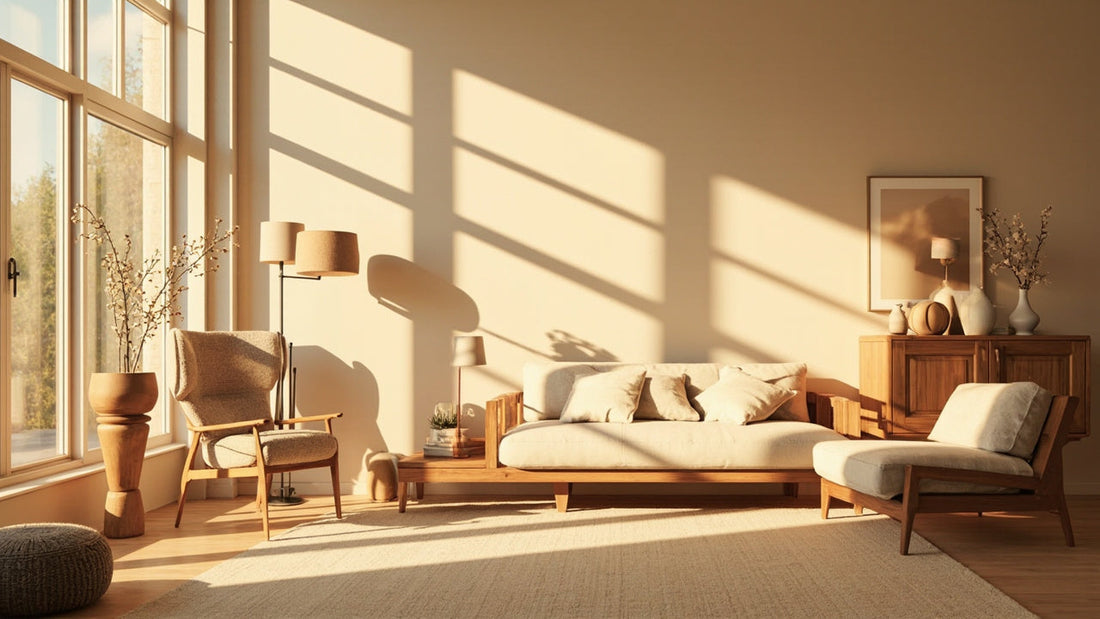 minimalist living room with wooden lamps and decor in warm natural light