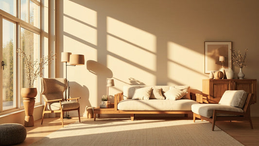 minimalist living room with wooden lamps and decor in warm natural light