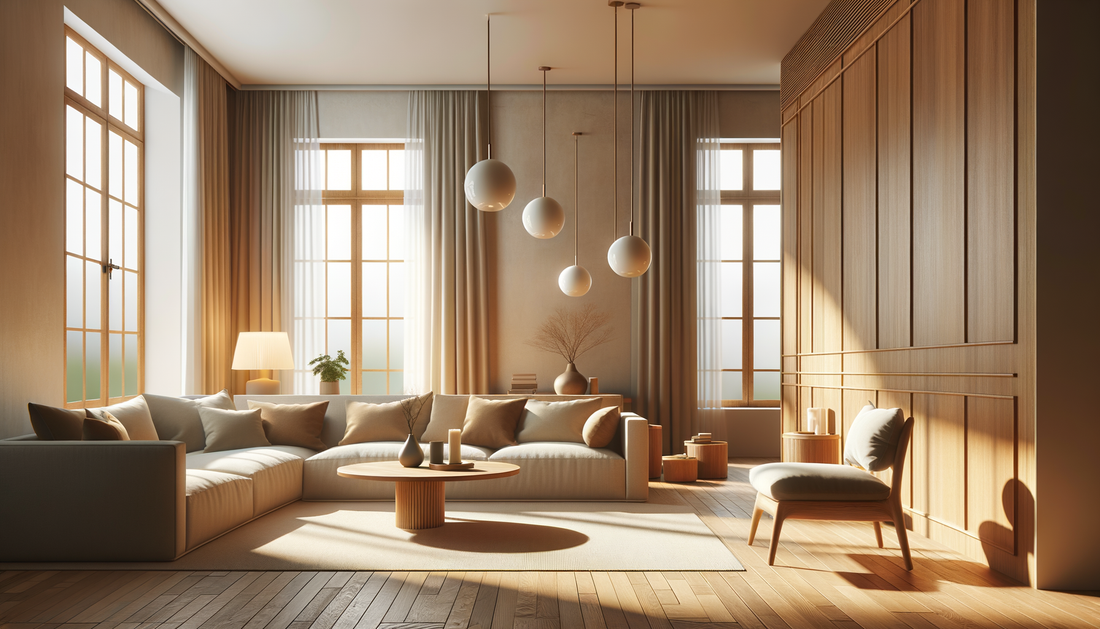 minimalist living room with wooden pendant lights and warm sunlight highlighting premium craftsmanship