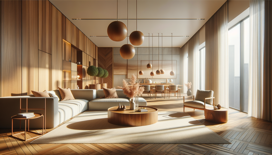 minimalist living room with wooden pendant lights and warm sunlight highlighting natural textures