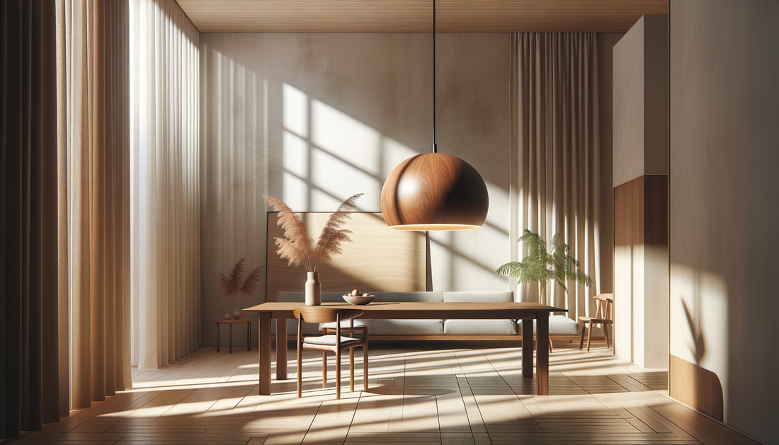 modern living room with rosewood pendant light and wooden table in warm sunlight