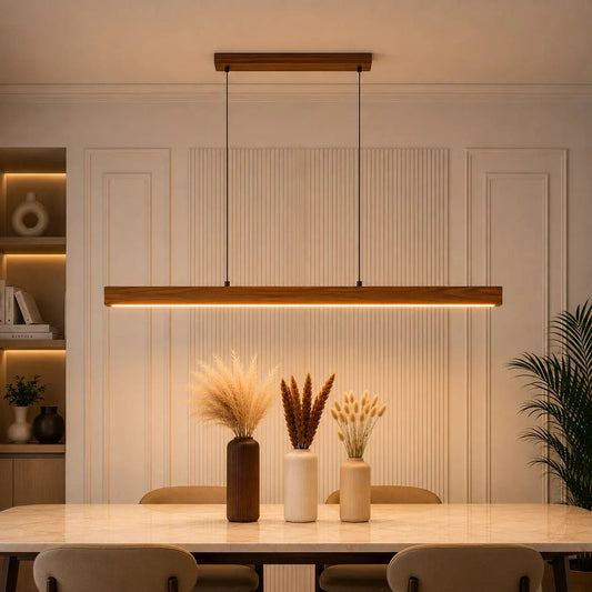 Solid teak wood linear ceiling light above a dining table