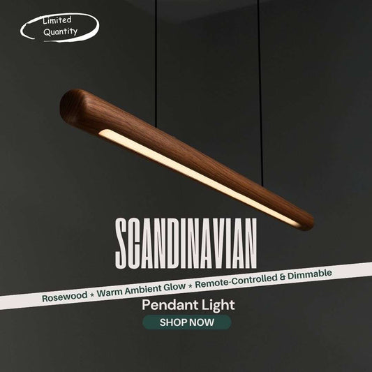  wooden round pendant light above dining table