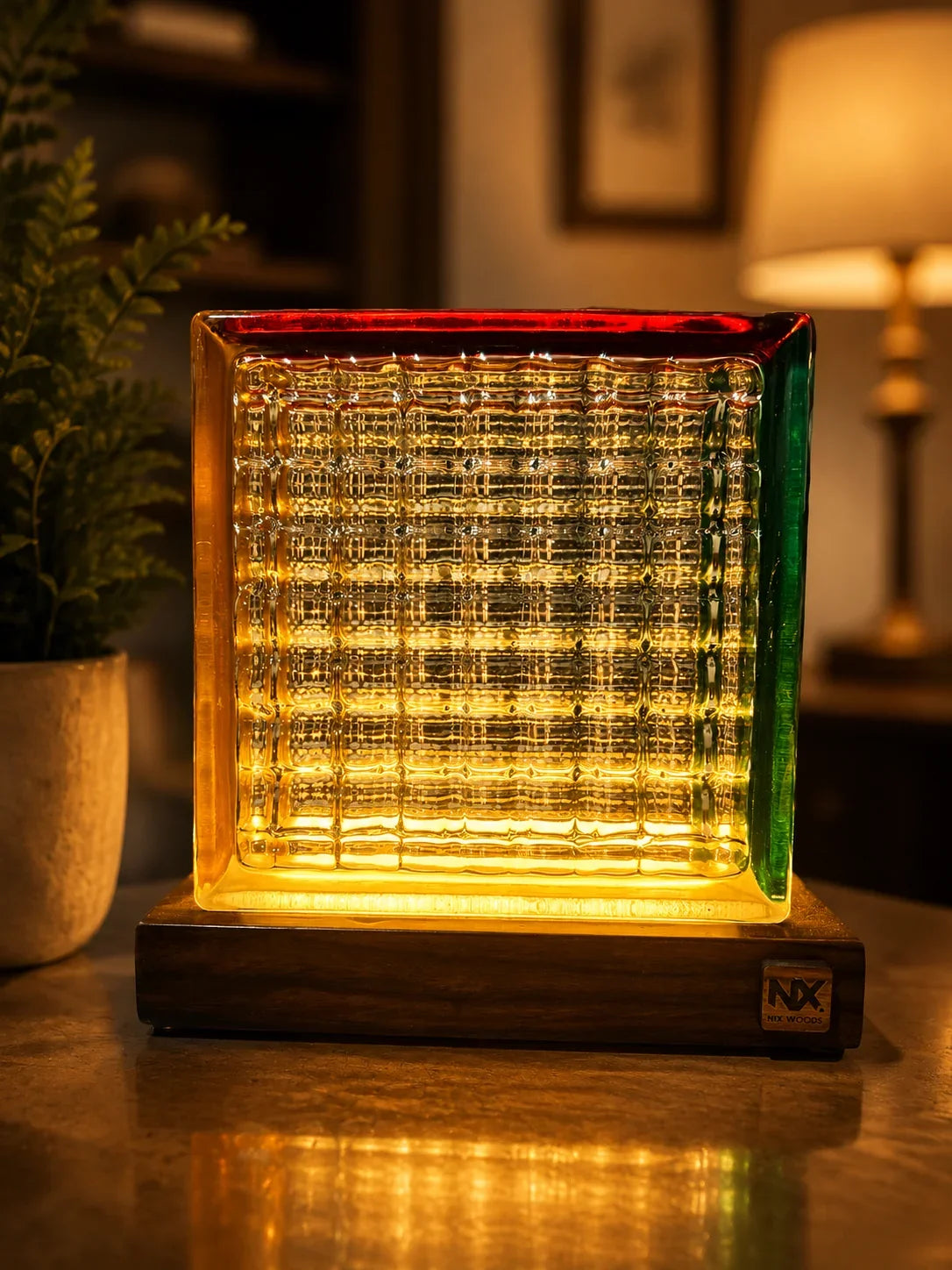 Wooden table lamps – handcrafted Rubik's Cube sheesham wood table lamp with warm glass glow | NixWoods