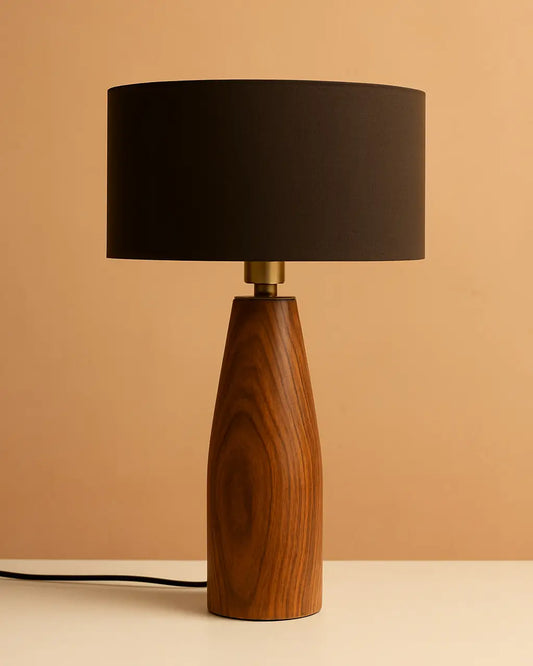 Rosewood Table Lamp with Black Fabric Shade – Modern Minimalist Wooden Lighting for Living Room & Bedroom