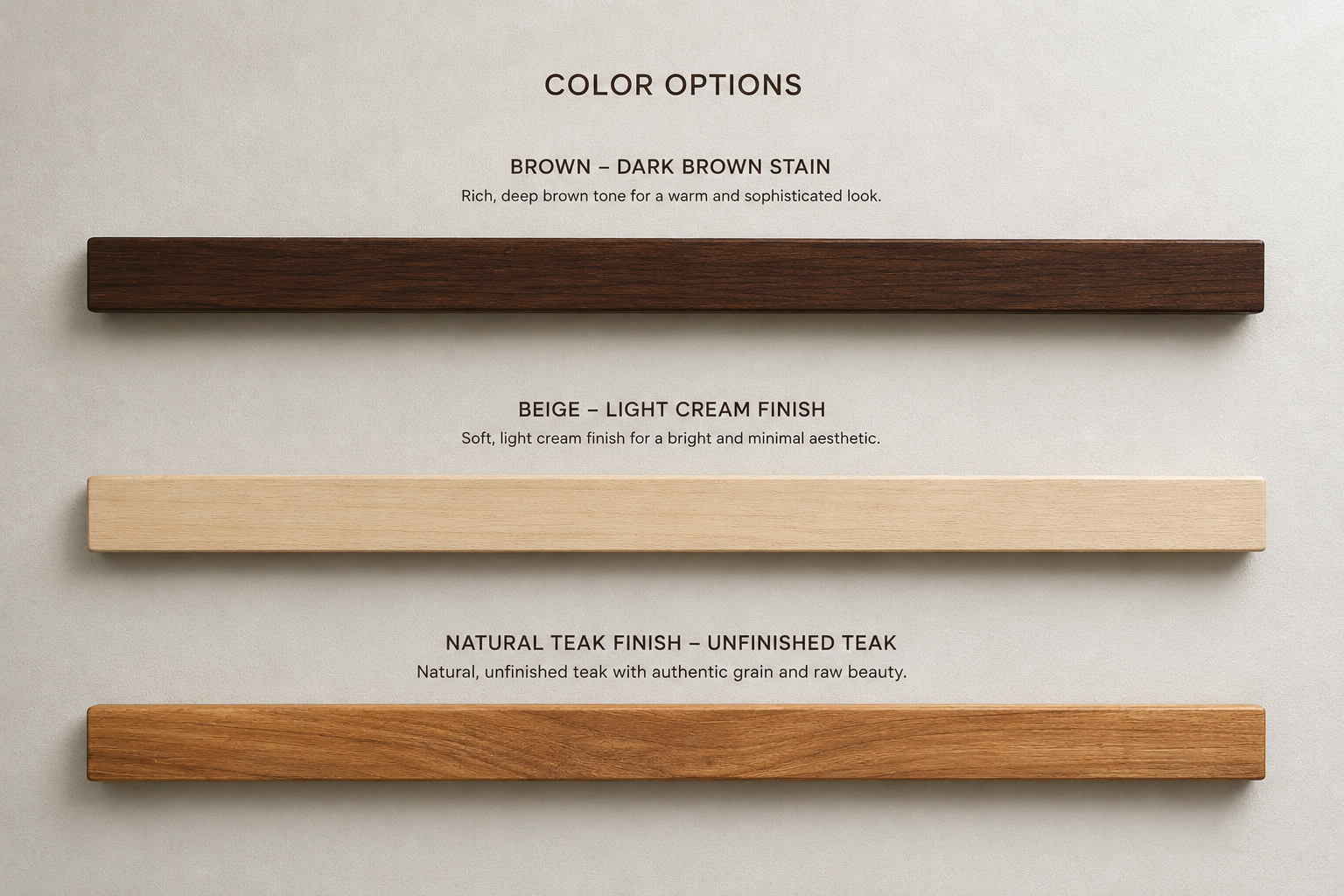 NixWoods Aurora Linear Wall Light colour options — three solid-teak finishes side by side: Brown dark stain, Beige light cream, and Natural Teak unfinished wood