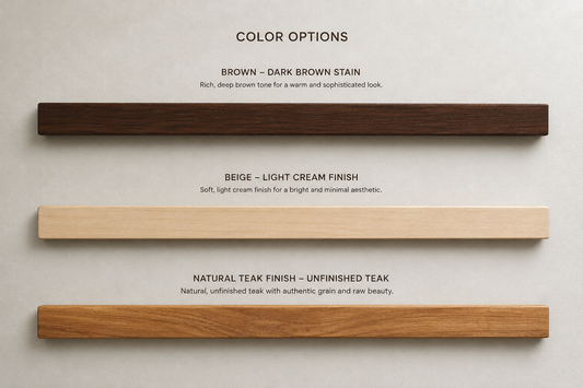 NixWoods Aurora Linear Wall Light colour options — three solid-teak finishes side by side: Brown dark stain, Beige light cream, and Natural Teak unfinished wood