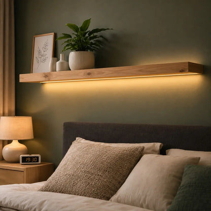 Floating wall light with shelf above a bed, warm LED under-glow — NixWoods