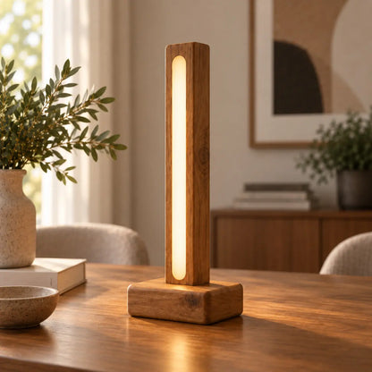 Angled view of the Luma Pillar table lamp showing wood grain and the rectangular wooden base