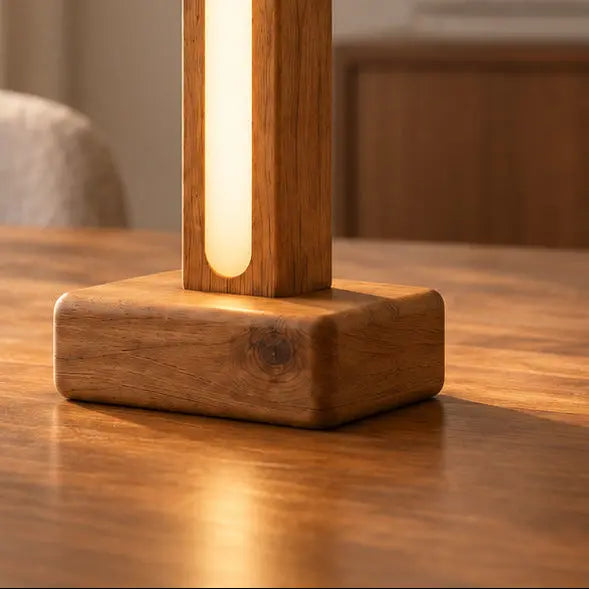 Solid wood pillar table lamp glowing warm on a wooden table in a bright dining room