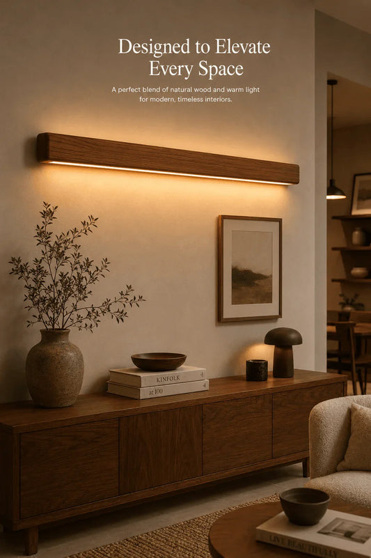 Aurora linear teak wall light switched on, warm 3000K glow