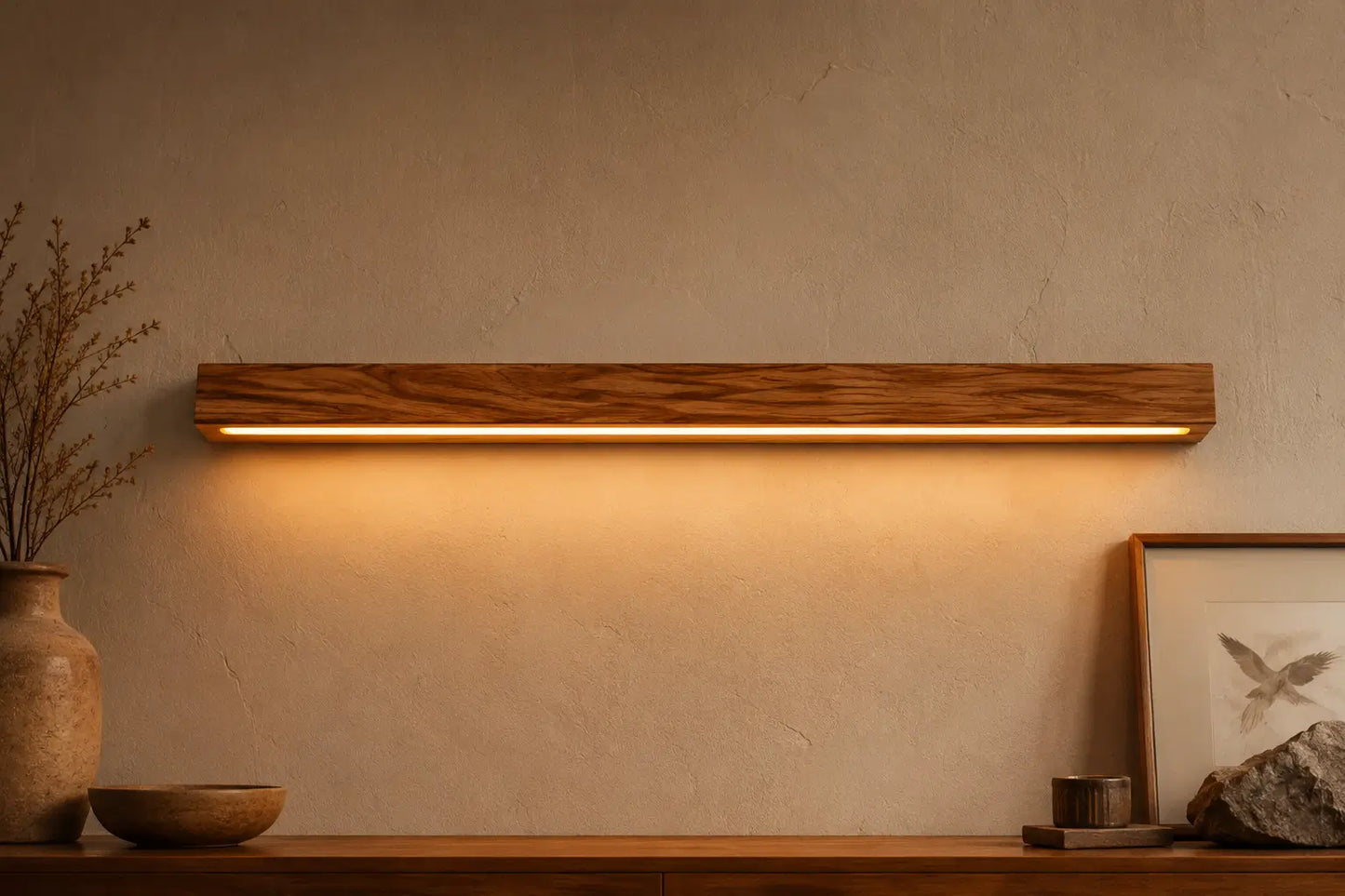 NixWoods natural teak linear wall light lit on a plain wall beside a dried branch vase and framed art