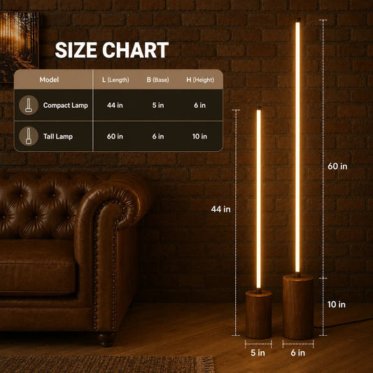 Size chart for the minimalist wooden floor lamp: compact 44 inch and tall 60 inch, shown by a leather sofa