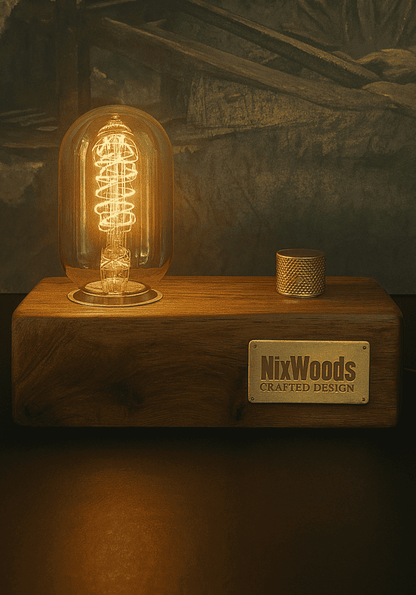 Teak Wood Vintage Table Lamp – Edison Bulb with Brass Dimmer | Handcrafted - NixWoods
