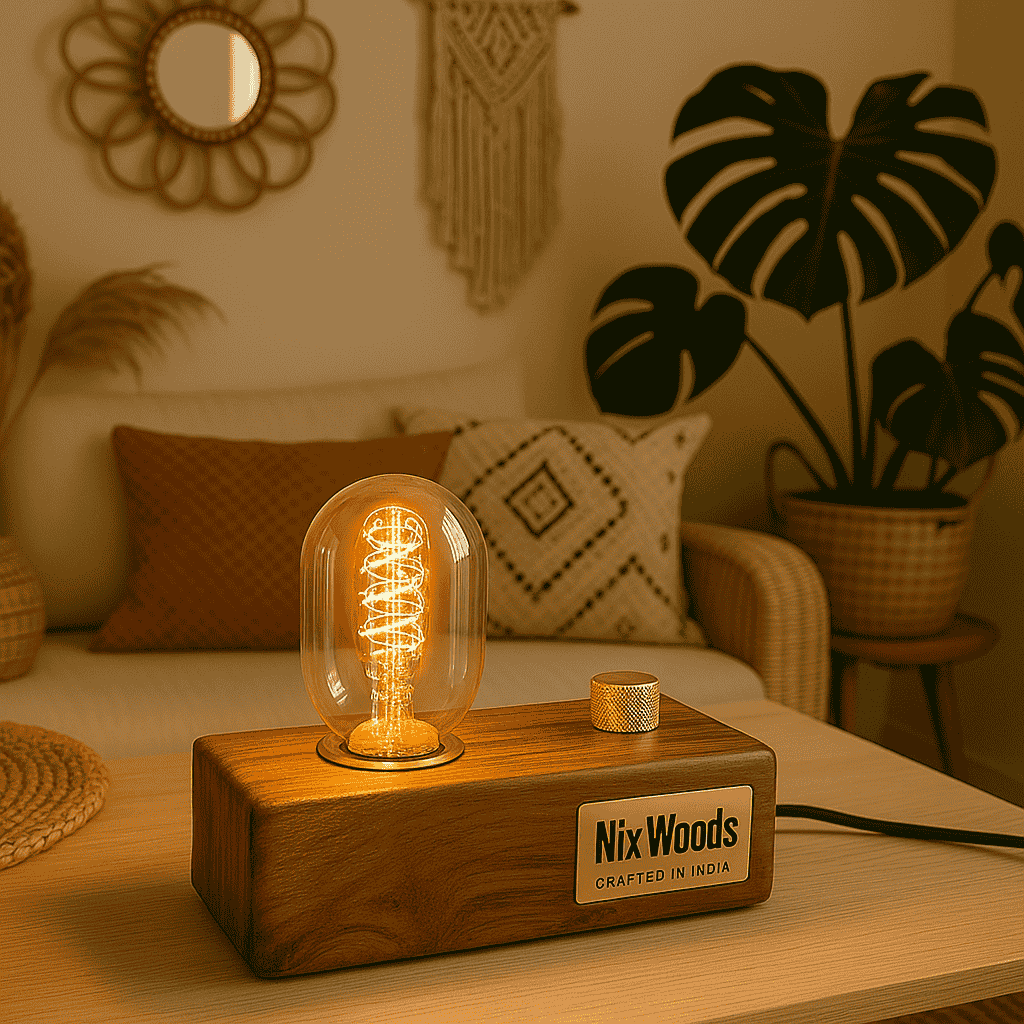 Teak Wood Vintage Table Lamp – Edison Bulb with Brass Dimmer | Handcrafted - NixWoods