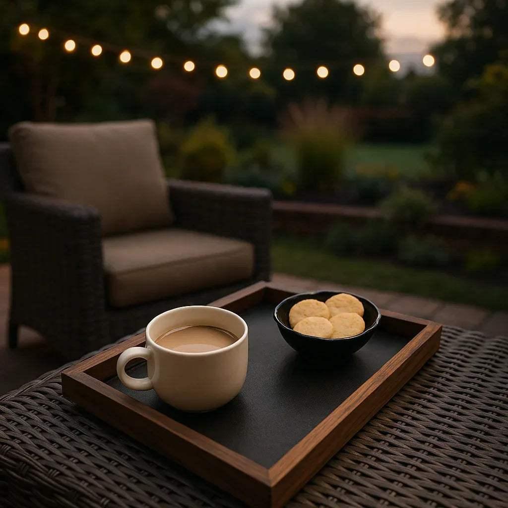 Premium teak and leather serving tray medium