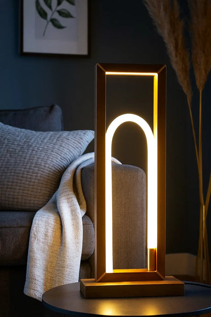 Teak Wood Floor Lamp - 360° Silicone  – Modern Arch LED Light with Remote Control