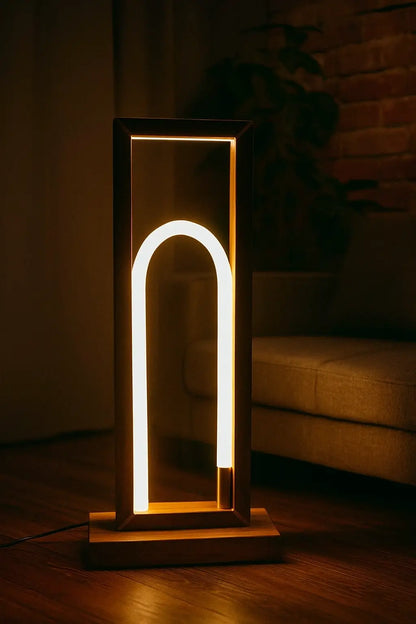 Teak Wood Floor Lamp - 360° Silicone  – Modern Arch LED Light with Remote Control