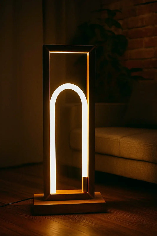 Teak Wood Floor Lamp - 360° Silicone  – Modern Arch LED Light with Remote Control