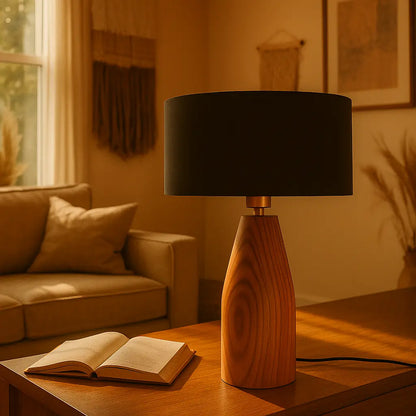 Rosewood Table Lamp with Black Fabric Shade – Modern Minimalist Wooden Lighting for Living Room & Bedroom
