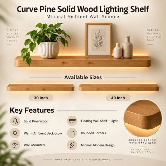 Curve Pine Solid Wood Lighting Shelf – Minimal Ambient Wall Sconce NixWoods