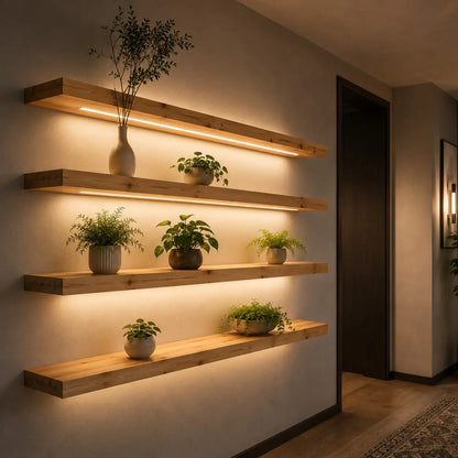 Warm-lit wooden floating shelf lights running along a hallway wall with plants