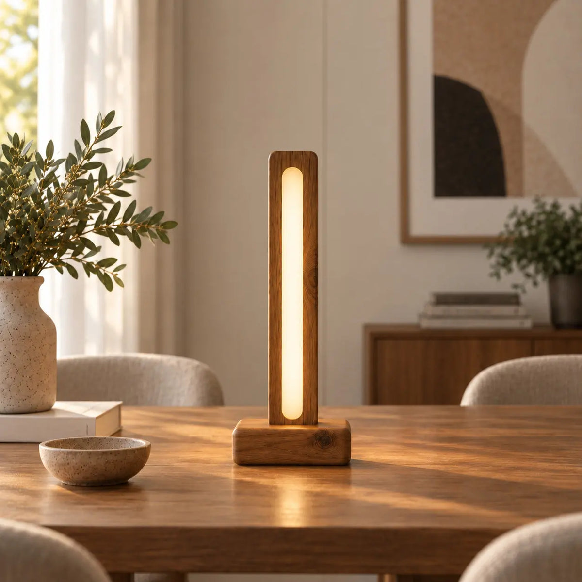 Wooden pillar table lamp with a frosted warm LED tube, lit on a dining table by a window