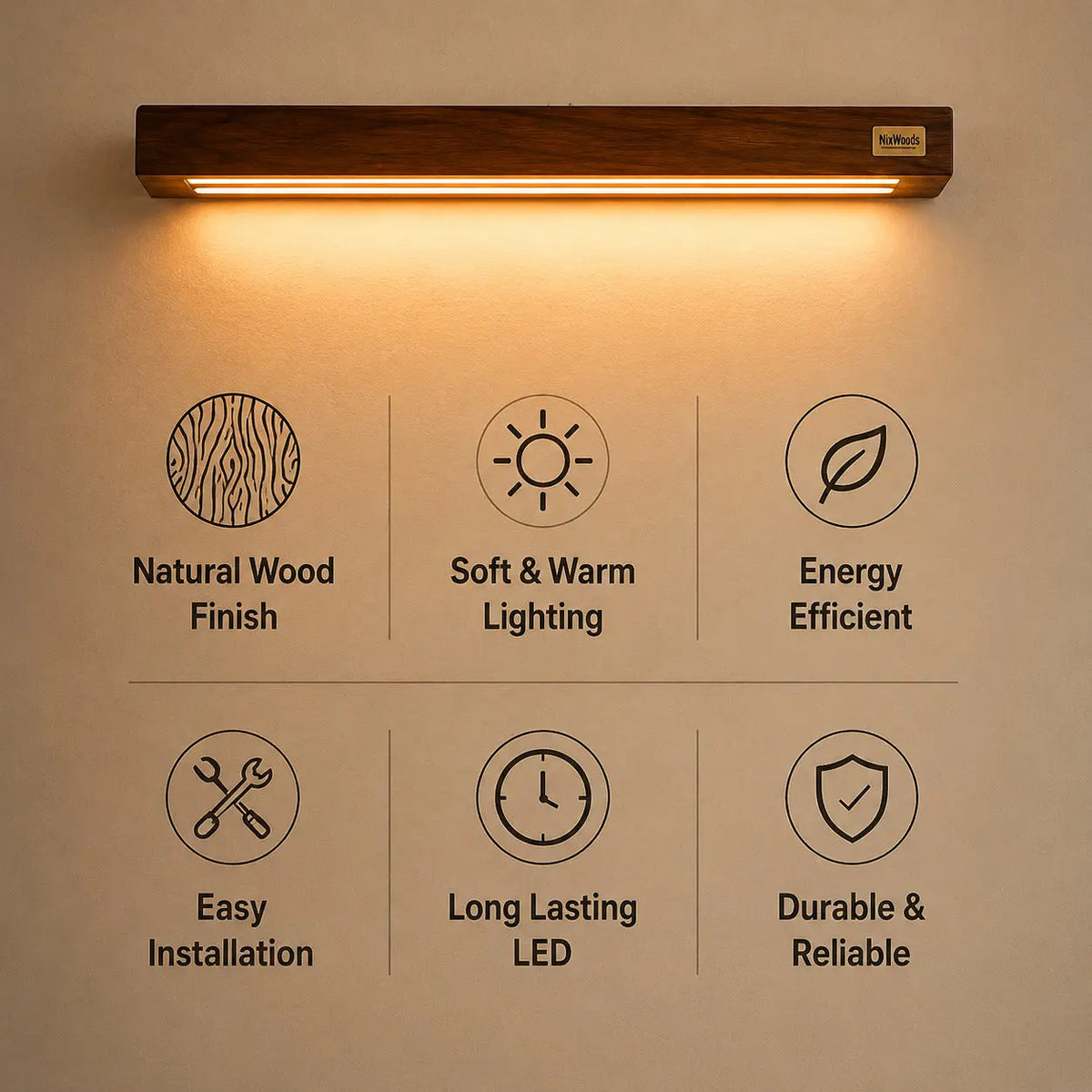 Sheesham wall light feature icons: natural wood finish, soft warm lighting, energy efficient, easy installation