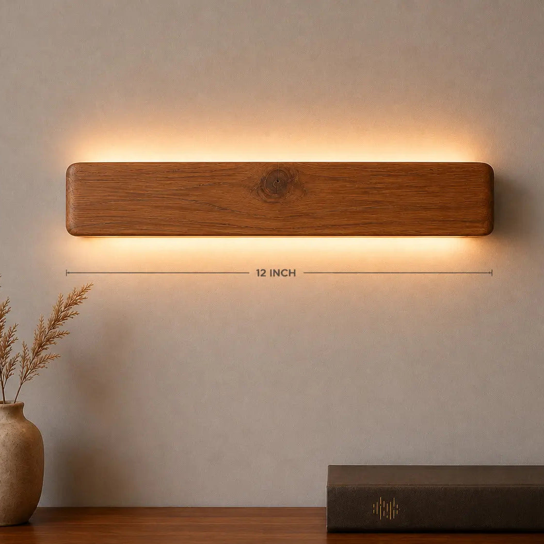 Arden rosewood wooden wall light front view, 12-inch solid wood body with warm LED