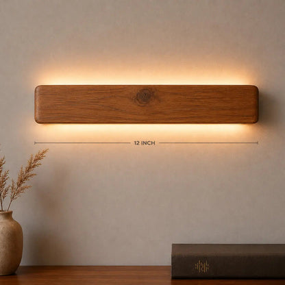 Arden rosewood wooden wall light front view, 12-inch solid wood body with warm LED