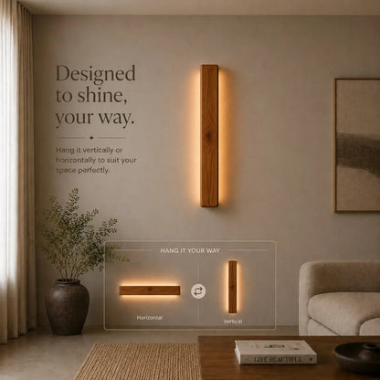 Nix Line wood wall light mounted vertically in a living room, with horizontal mounting option
