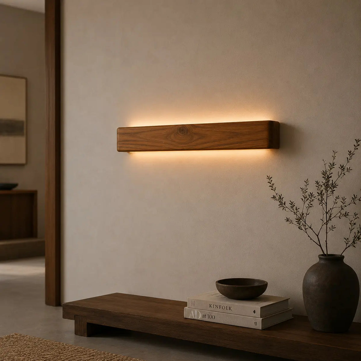 Teak linear LED wall light above a low wooden console with a ceramic vase