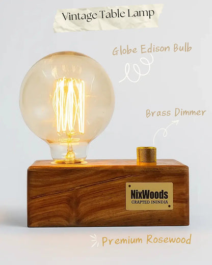Globe Edison Bulb with Brass Dimmer | Rosewood Vintage Table Lamp | Handcrafted