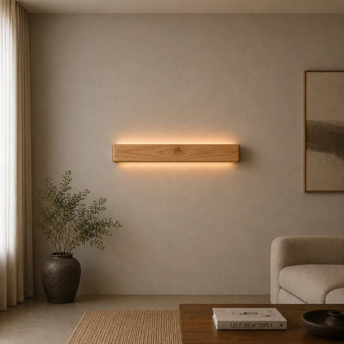 Pine linear LED wall light in a neutral living room with sofa and framed art