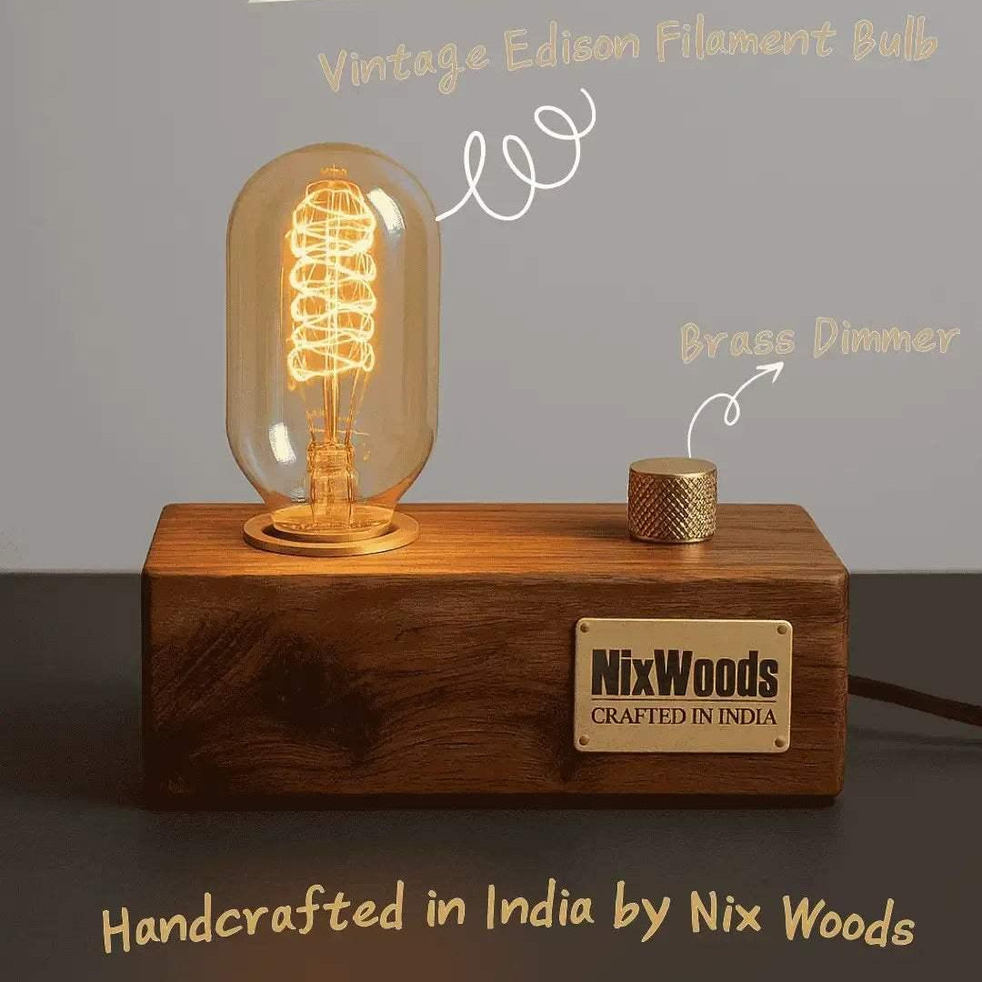 Rosewood Wood Vintage Table Lamp – Edison Bulb with Brass Dimmer | Handcrafted - NixWoods