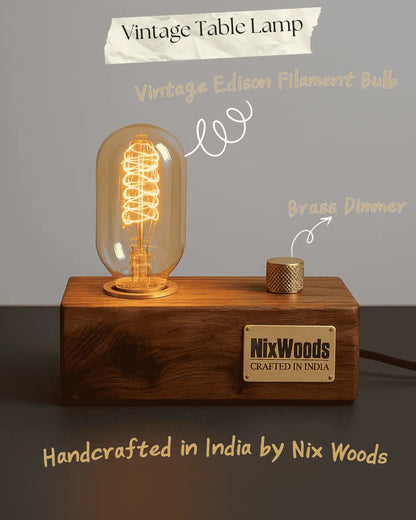 Rosewood Wood Vintage Table Lamp – Edison Bulb with Brass Dimmer | Handcrafted