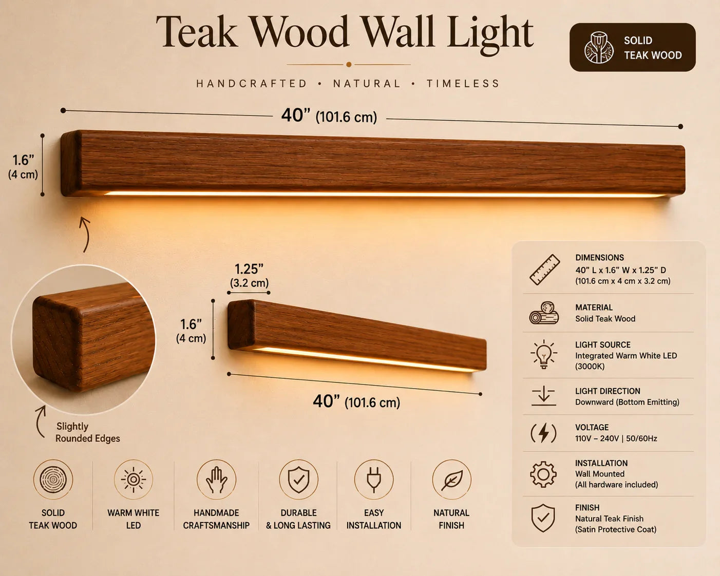 NixWoods Aurora teak linear wall light size guide — 36, 40 and 48 inch lengths compared