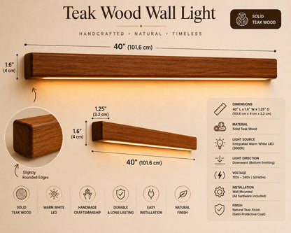 NixWoods Aurora teak linear wall light size guide — 36, 40 and 48 inch lengths compared