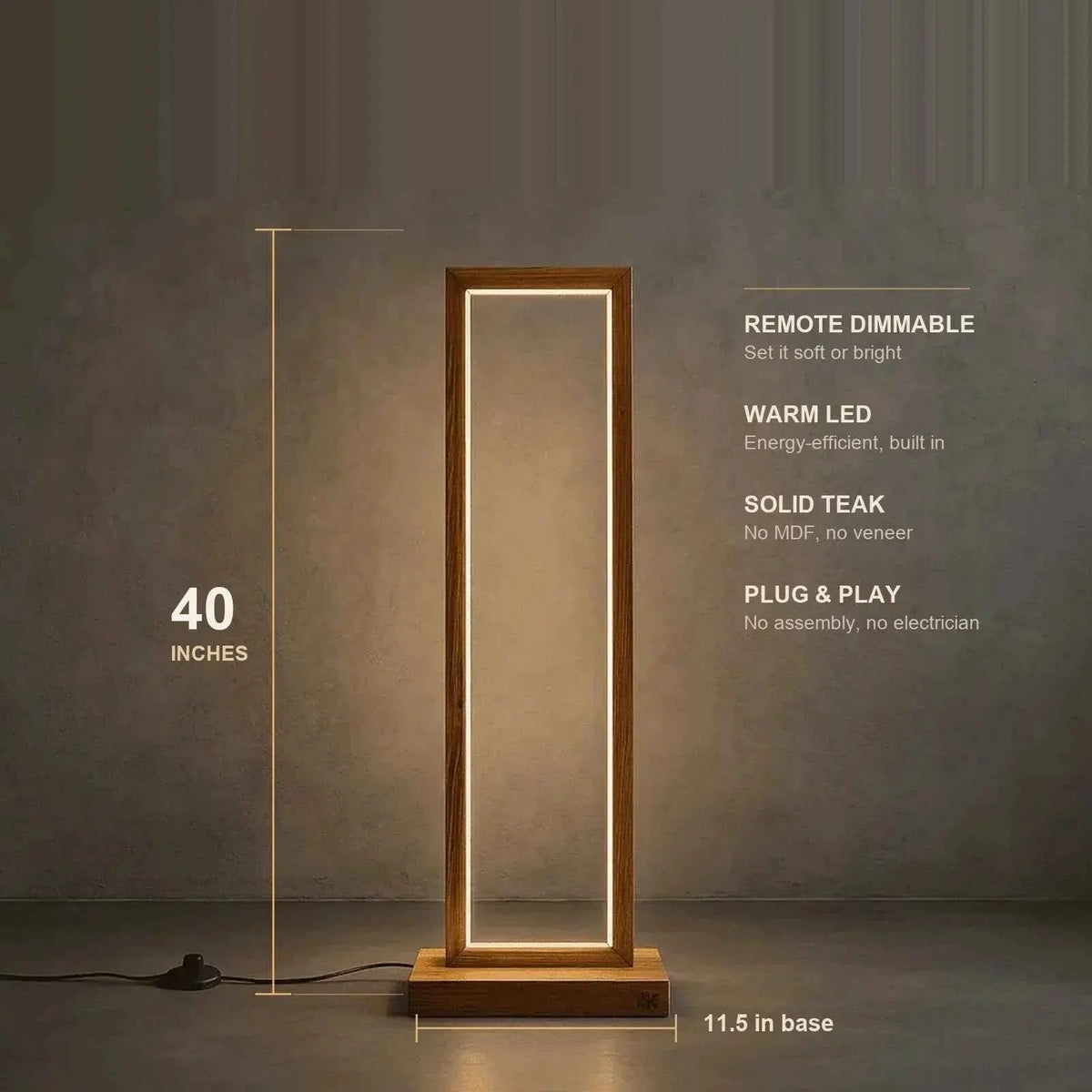 Teak floor lamp dimension diagram with 40-inch height and 11.5-inch base marked, remote dimmable warm LED