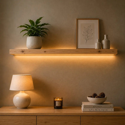 Pine floating wall light with shelf holding a plant, frame and vases, warm LED beneath
