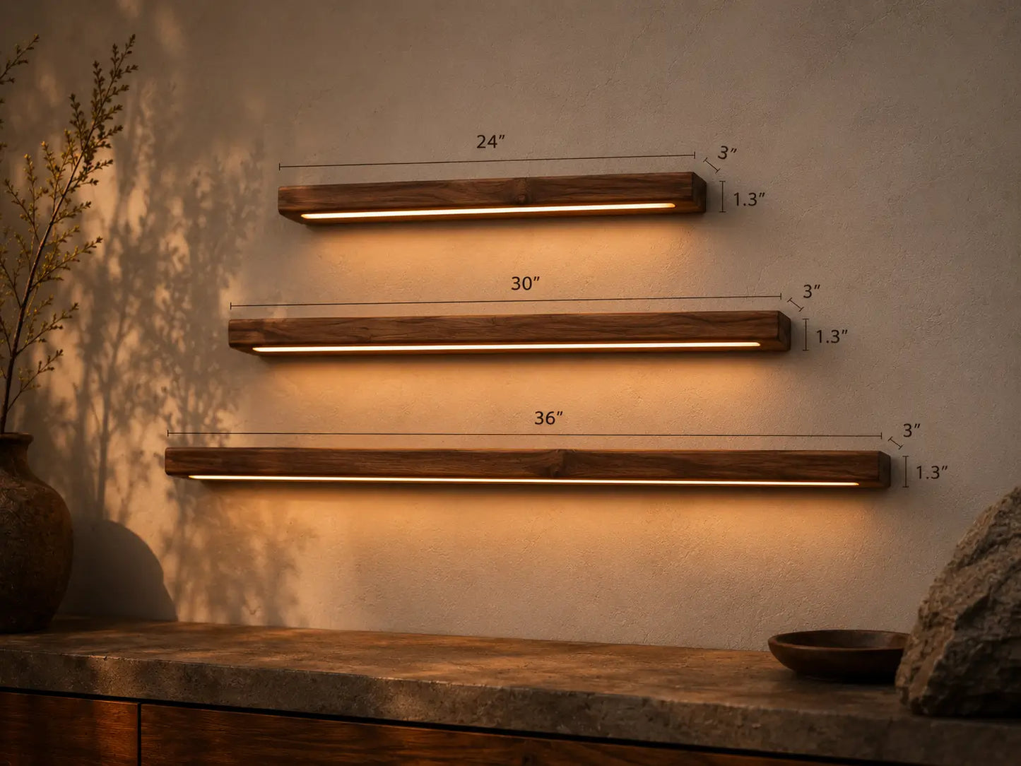NixWoods teak linear wall light size comparison - 24 inch, 30 inch and 36 inch, 3 inch deep, 1.3 inch wide