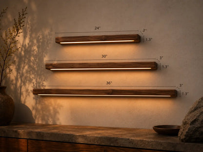 NixWoods teak linear wall light size comparison - 24 inch, 30 inch and 36 inch, 3 inch deep, 1.3 inch wide