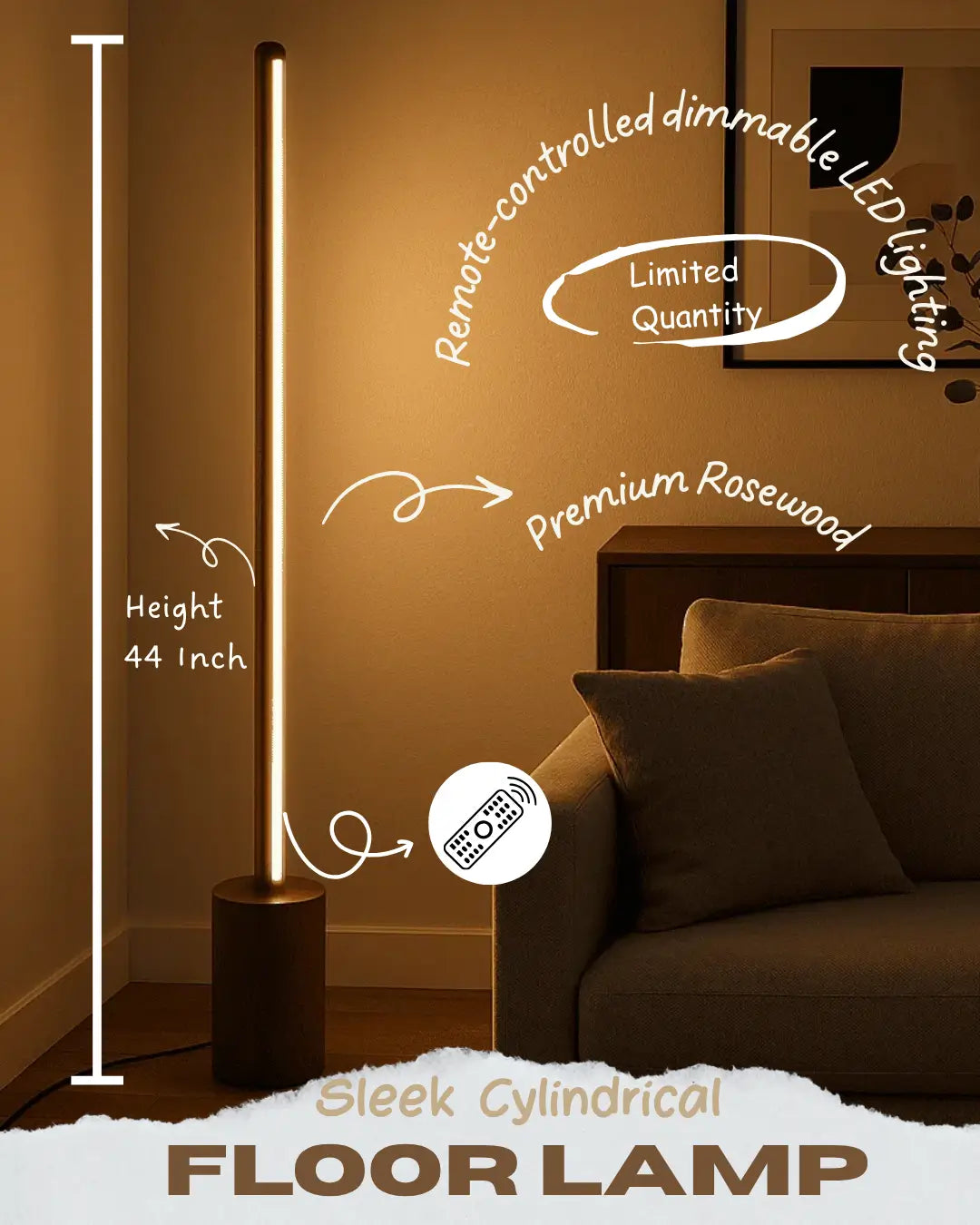 Minimalist Wooden Floor Lamp – Sleek Cylindrical Rod Design - Rosewood