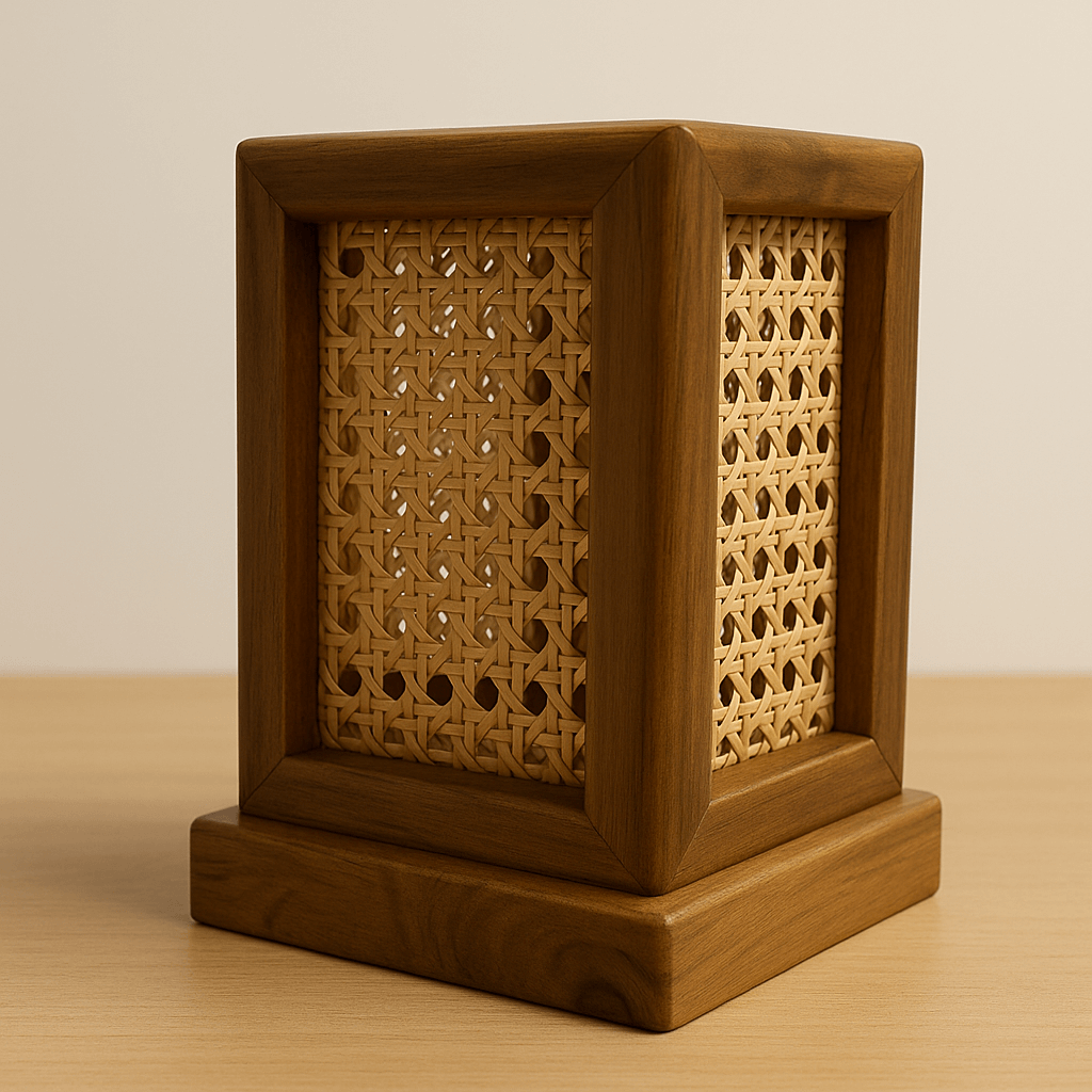 Teak Wood & Cane Glow Box Lamp – Warm Ambient Lighting with Handmade Craftsmanship